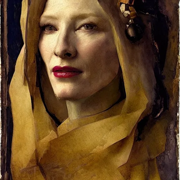 Image similar to cate blanchett by Annie Swynnerton and Nicholas Roerich and Vermeer, strong dramatic cinematic lighting , ornate headdress , lost civilizations, smooth, sharp focus, extremely detailed