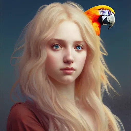 Image similar to portrait of a young blonde e - girl with a parrot, upper body, long hair, intricate, elegant, highly detailed, digital painting, artstation, concept art, matte, sharp focus, illustration, art by artgerm and greg rutkowski and alphonse mucha