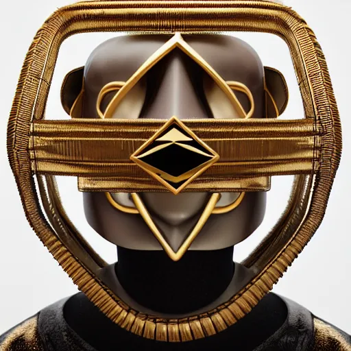 Image similar to portrait of masked dune dynasty with louis vuitton clothes, white background, louis vuitton logo, 8 k, symmetrical, 3 d render, octane render, insane details