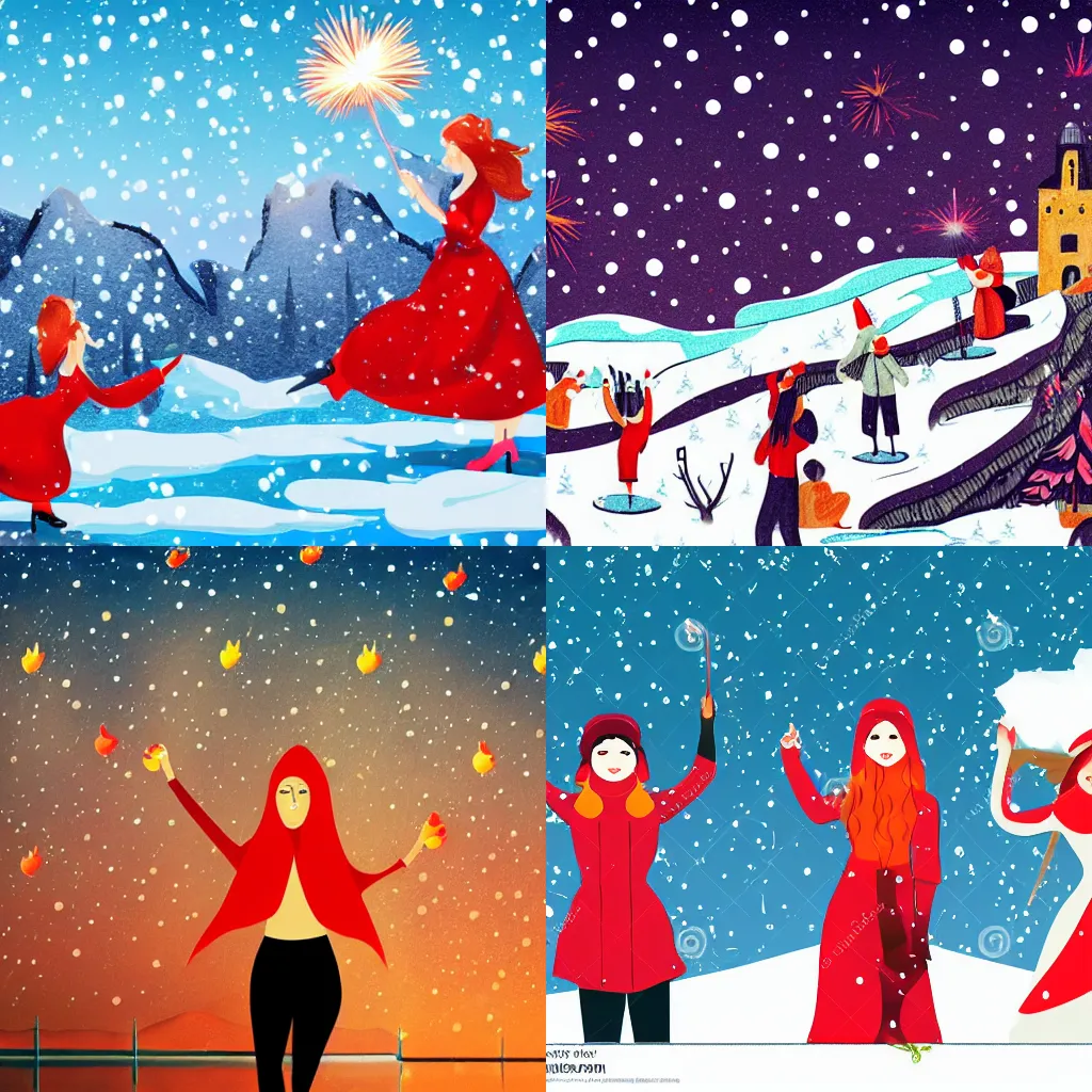 Prompt: A lake between mountains, winter, snow is falling, women in red watches firework, cartoon, 2D