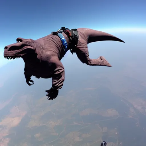 Prompt: corpulent t - rex skydiving