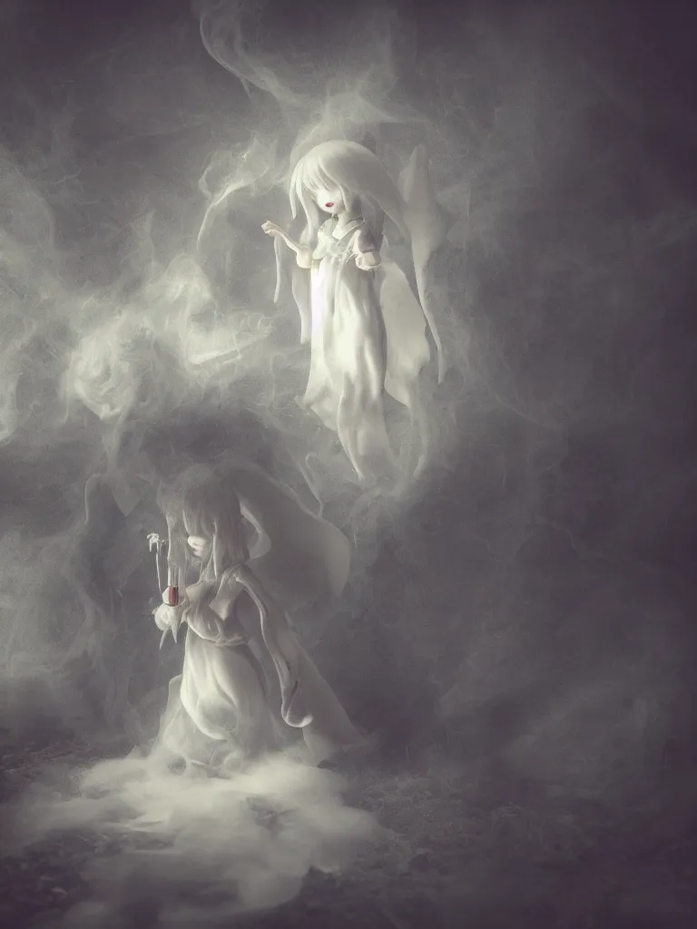 Prompt: cute fumo plush gothic angel maiden girl in hood ghost wraith making an apparition in an abandoned church, fallen angel, wisps of smoke and glowing volumetric fog, vignette, vray