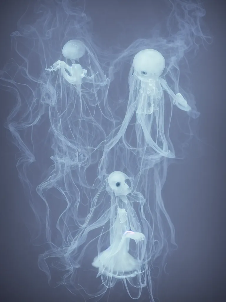 Prompt: cute fumo plush beautiful ectoplasmic gothic skeletal jellyfish ghost girl, glowing milky wisps of hazy smoke and volumetric fog, lens flare, subsurface scattering, vignette, asymmetry, bokeh, refraction, vray