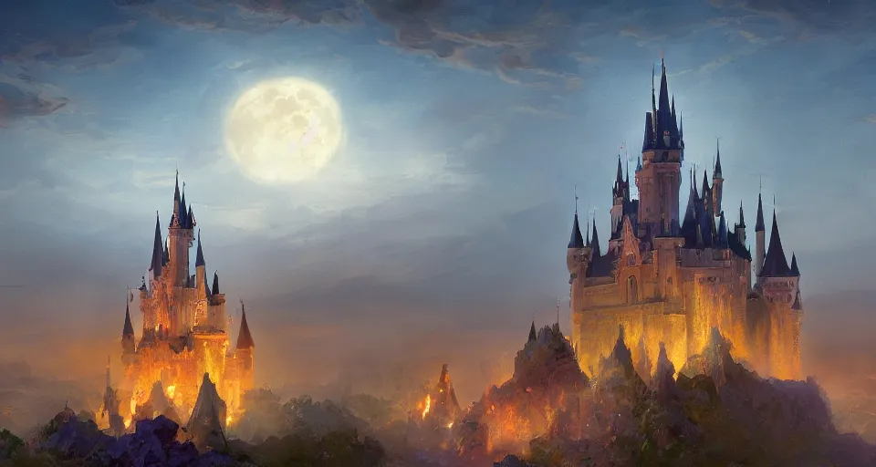 Prompt: happy disney castle rising up from the mist in the morning silhouetted by a single huge moon, anders zorn, thomas kincade, trending on artstation, lava, dungeons and dragons, saturated colors, fun, happy, golden hour