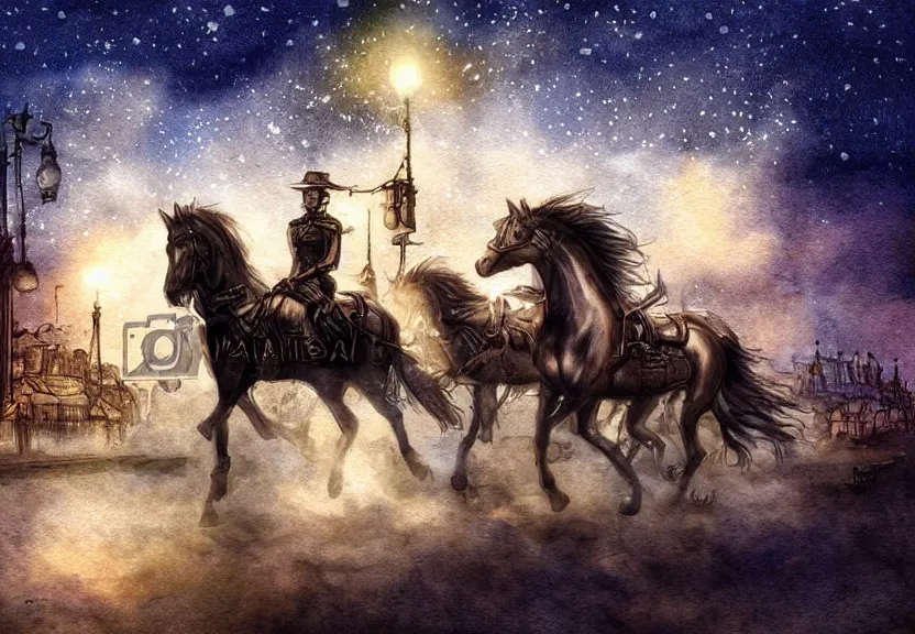 Image similar to horses riding through a steampunk city at night under a dark starred sky, dark fantasy, digital art, watercolor, high detail, dreaming illusion