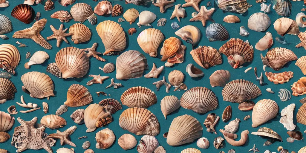 Image similar to full color page scan of various vintage sea shells illustrations on black background, in matte painting, 2 d, kitbash, 4 k