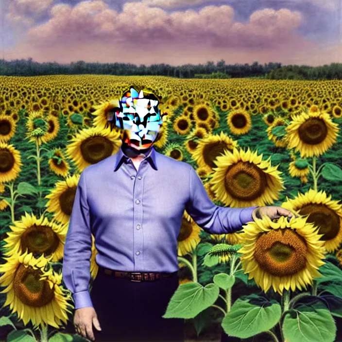 Image similar to photo portrait of Putin in sunflower field, dressed in leisure shirt with ornamental ethereal sunflower pattern, natural skin tone, raging war and explosions in the background, face is naturally detailed, elegant, Realistic, Refined, Highly Detailed, natural soft pastel lighting colors scheme, fine art photography by Cecil Beaton, volumetric lighting, hyper realistic photography