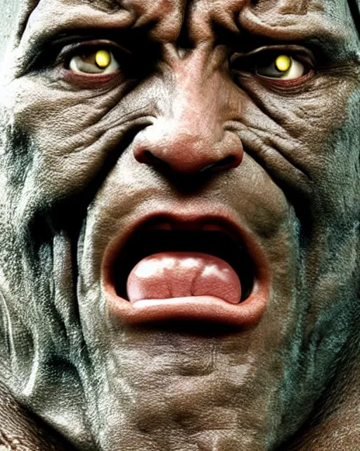 Image similar to film still close up shot of dwayne johnson as golem from the movie the lord of the rings. photographic, photography