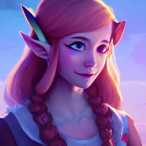 Image similar to a portrait of a cinematic still of the happy zelda, art by lois van baarle and loish and ross tran and rossdraws and sam yang and samdoesarts and artgerm and saruei and takaya imamura, digital art, highly detailed, intricate, sharp focus, trending on artstation hq, deviantart, unreal engine 5, 4 k uhd image