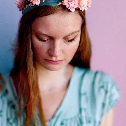 Image similar to a photograph of beautiful nordic woman wearing a white folkdrakt dress, she has a summer flower headband. against a teal studio backdrop. medium close - up. strong kodak portra 4 0 0 film look. film grain.