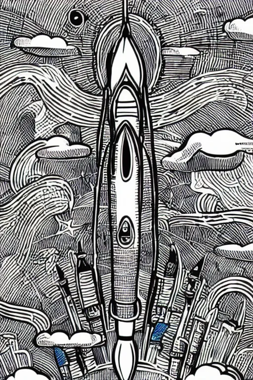 Image similar to mcbess illustration of a rocket ship with rainbow colors