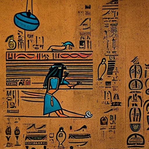 Prompt: egyptian hieroglyphics depicting a cat being abducted by a flying saucer