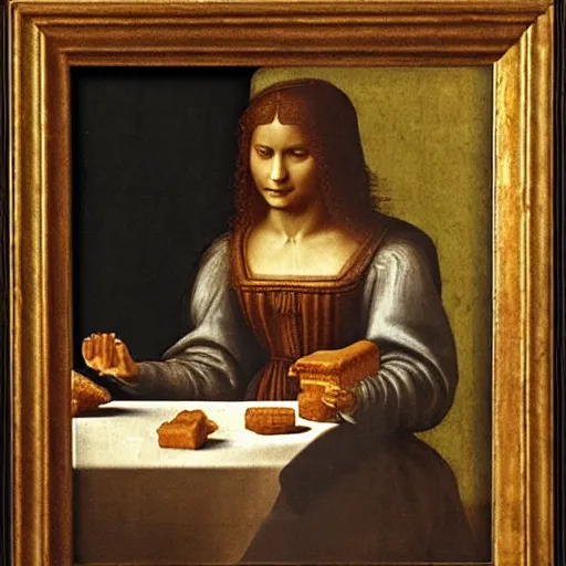 Image similar to a woman eating at mcdonalds by leonardo da vinci