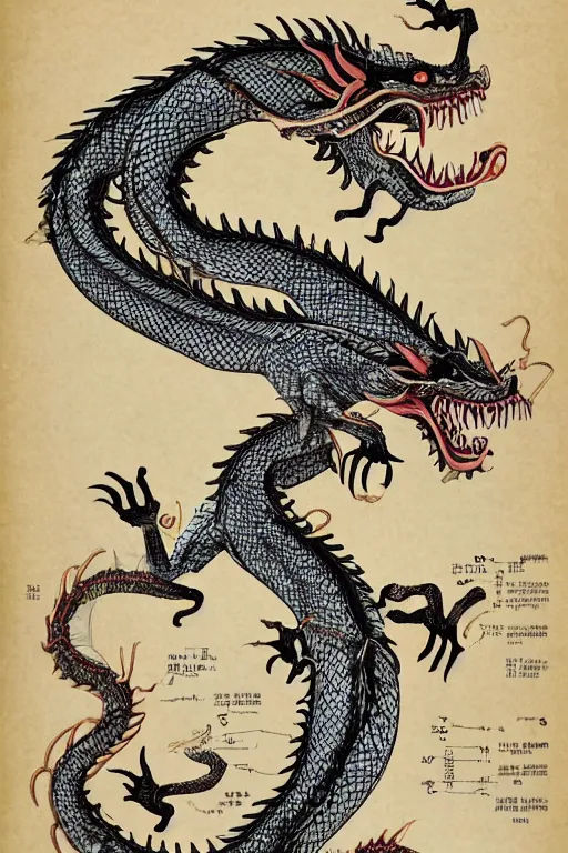 Prompt: anatomical encyclopedia illustration of a chinese dragon, photorealistic, diagram, intricate details