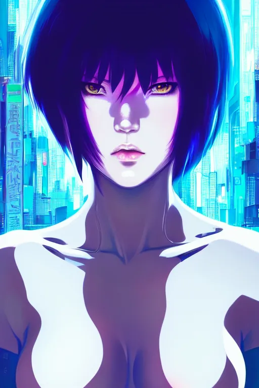 Image similar to a still fullbody portrait of motoko kusanagi ghost in the shell, finely detailed features, closeup at the faces, perfect art, at a cyberpunk city, gapmoe yandere grimdark, trending on pixiv fanbox, by ilya kuvshinov, rossdraws, artgerm