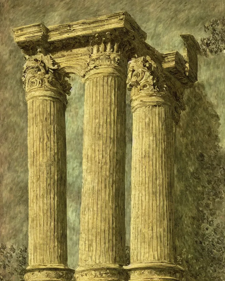 Prompt: achingly beautiful painting of intricate ancient roman corinthian capital on olive drab background by rene magritte, monet, and turner. giovanni battista piranesi.