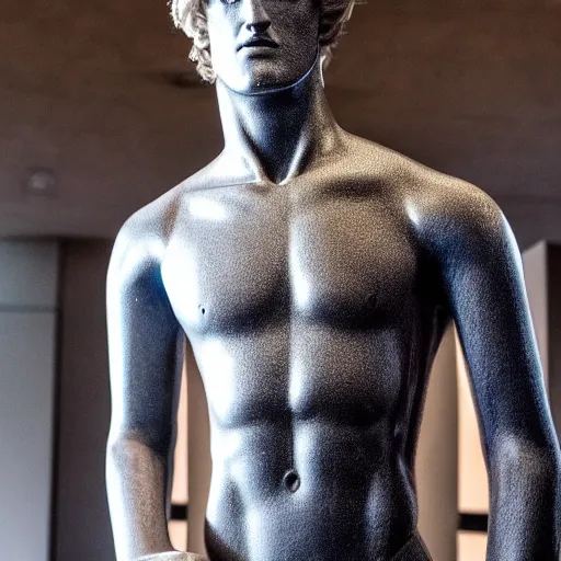 Prompt: a realistic detailed photo of a guy who is an attractive humanoid who is half robot and half humanoid, who is a male android, boxer and youtuber logan paul, shiny skin, posing like a statue, blank stare, at the museum, on display