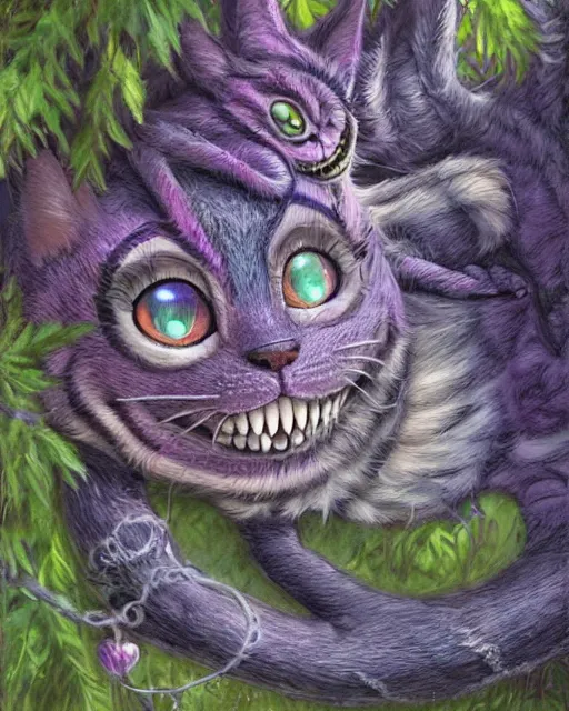 Image similar to an adorable cheshire cat asleep in a tree | highly detailed | very intricate | symmetrical | whimsical and magical | soft cinematic lighting | award - winning | wonderland | painted by donato giancola and paul lehr and ross tran | pastel color palette | featured on artstation