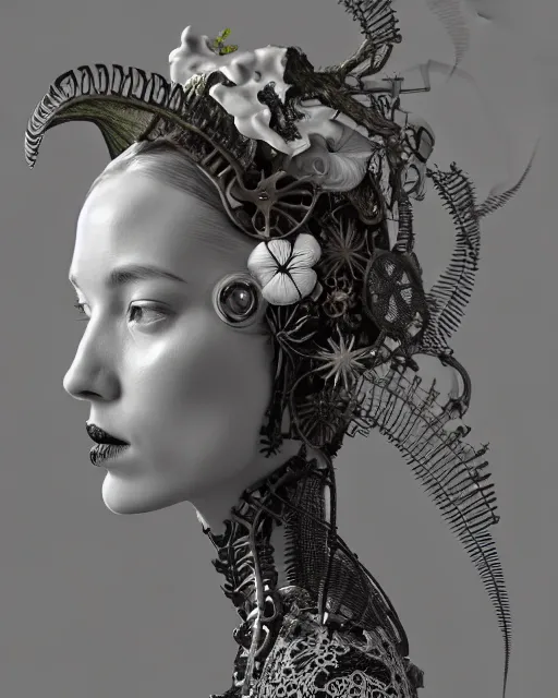 Prompt: monochrome 3 d model, 1 9 4 0 picture, floral steampunk biomechanical beautiful young female cyborg with porcelain profile face and a techno eye, volumetric light, leaves foliage and stems, hibiscus flowers, boho vines, sinuous fine roots, fine foliage lace, alexander mcqueen, rim light, big gothic fashion pearl embroidered collar, octane render, 8 k