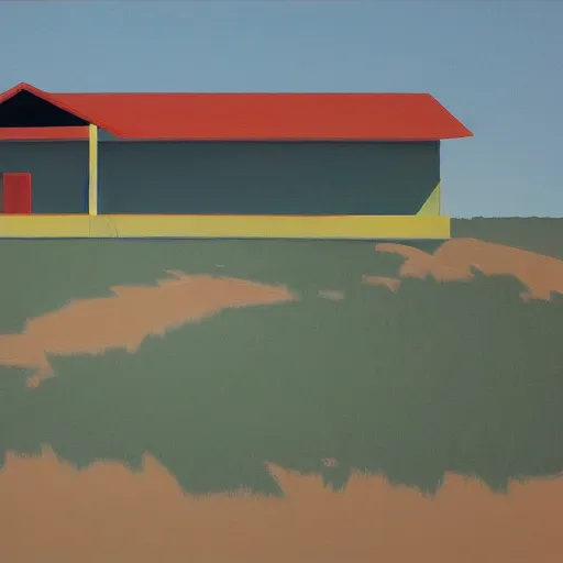 Image similar to motel in a desert rural landscape, painted by Alex Katz and Edward Hopper, airbrush, highly detailed