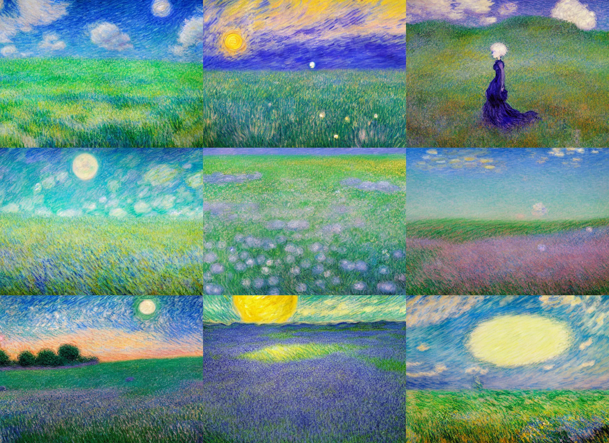 Prompt: phosphophyllite from anime land of the lustrous, glowing crystalline being in a field of grass, crescent moon with swirling clouds, impressionist painting, claude monet, pastel colours