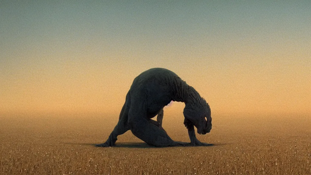 Prompt: we watch the strange creature searches for a spoon inside our kitchen, film still from the movie directed by Denis Villeneuve with art direction by Zdzisław Beksiński, wide lens, golden hour
