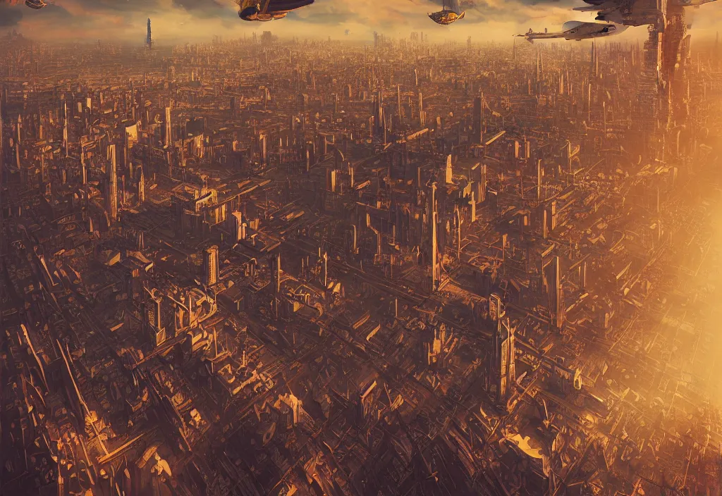 Image similar to flying city by alena aenami, zeppelin dock, city in the air, buildings are flying, steampunk, digital art, 4 k, trending on artstation, impressive, epic composition, highly detailed, golden hour, no ground