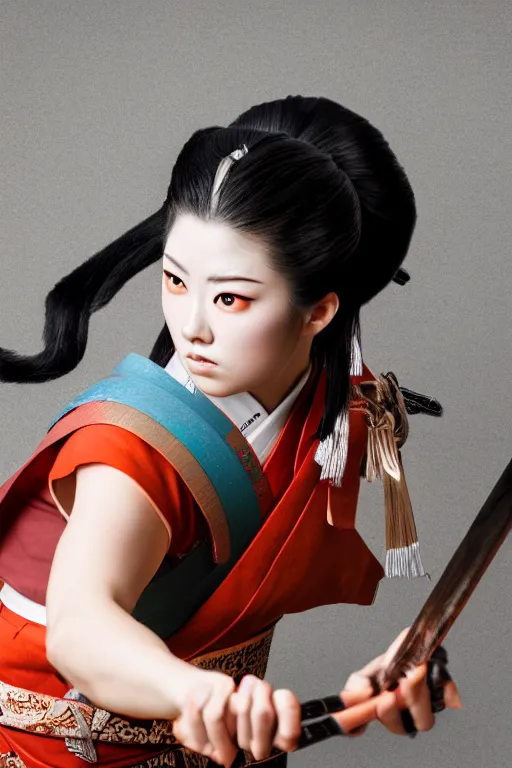 Image similar to highly detailed beautiful photo of a young female samurai, practising sword stances, symmetrical face, beautiful eyes, realistic anime art style, 8 k, award winning photo, pastels colours, action photography, 1 / 1 2 5 shutter speed, dramatic lighting