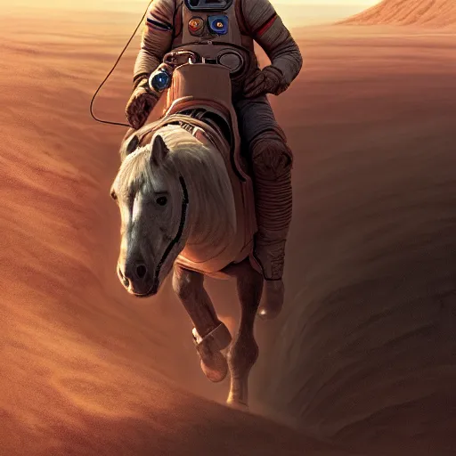 Image similar to centered portrait of the astronaut riding a horse in Mars, realistic character concept, high fantasy, light atmosphere, golden ratio, wide shot, cinematic lighting, hyperdetailed, high detailed, high resolution, insanely detailed and intricate, artstation, Marc Simonetti, Greg Rutkowski, octane render, unreal engine, 8k