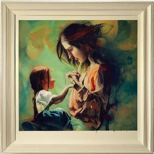 Image similar to by john larriva, by aaron horkey emotive. a beautiful painting harmony of colors, simple but powerful composition. a scene of peaceful domesticity, with a mother & child in the center, surrounded by a few simple objects. colors are muted & calming, serenity & calm.