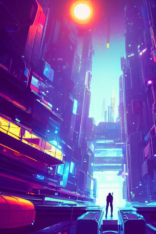 Prompt: A picture of an astronaut close to the camera in a upside down cyberpunk flying city by moebius, Neil Blevins and Jordan Grimmer, neon lights, surreal, volumetric:-3 lighting