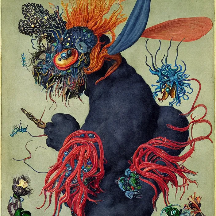 Image similar to close up portrait of a mutant monster creature with white fluffy moth pouf, exotic lily ears, psychedelic dark blue coral protuberances, cuttlefish pulsing malachite tendrils. by jan van eyck, walton ford