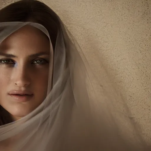 Image similar to portrait of a stunningly beautiful female with a veil in soft light, depth of field, zeiss lens, detailed, symmetrical, centered, fashion photoshoot, by annie leibovitz and steve mccurry, david lazar, jimmy nelsson, breathtaking, 8 k resolution, extremely detailed, beautiful, establishing shot, artistic, hyperrealistic, beautiful face, octane render