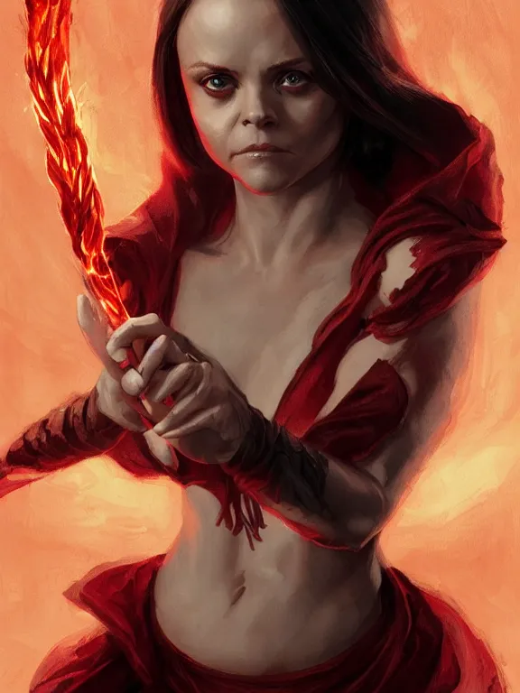 Image similar to Christina Ricci casting a fire spell, red lighting, D&D, fantasy, highly detailed, digital painting, trending on artstation, concept art, sharp focus, illustration, art by artgerm and greg rutkowski and magali villeneuve