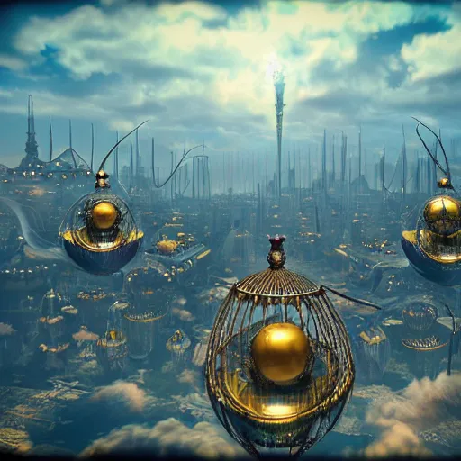 Prompt: enormous flying city in a faberge egg, cloudy sky background, steampunk, fantasy art, masterpiece, unreal engine