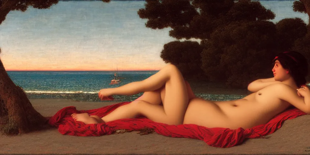 Prompt: a lonely woman sunbathing on the beach at dusk time ， 4 k resolution, by john william godward