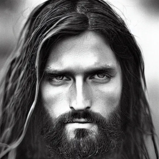 Image similar to photograph portrait of Jesus Christ, B&W, Vogue magazine, modelling photography, taken on 1970s kodak camera, grainy, kodak, fashionable, 4k, very realistic, hiper detailed, studio, 35mm