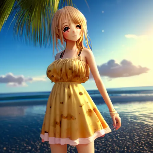 Image similar to Render of a very beautiful 3d anime girl, long hair, hazel eyes, cute freckles, full round face, short smile, cute sundress, golden hour, serene beach setting, medium shot, mid-shot, highly detailed, trending on Artstation, Unreal Engine 4k