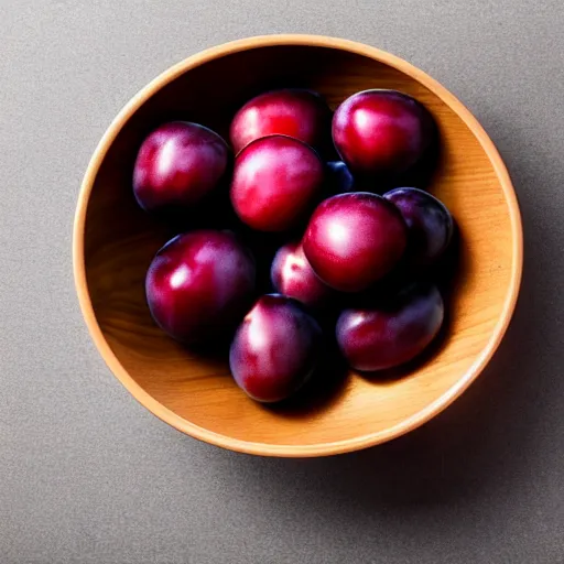 Image similar to photo of a thick porcelain bowl filled with a few moist freshly picked plums on a wooden table. volumetric lighting. 4 k. small scale. realistic. top down.