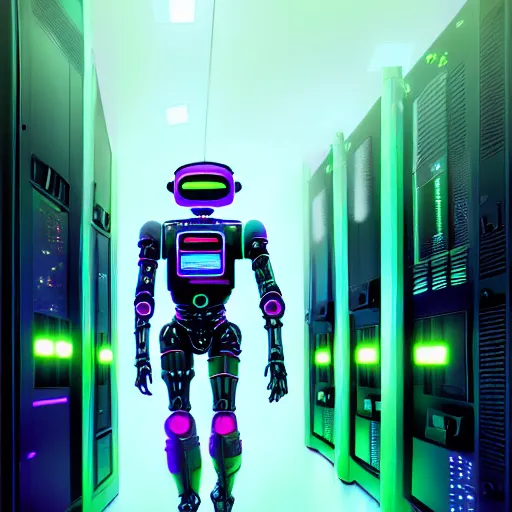 Image similar to highly detailed surreal neon robot android in the data center. robocop, scream, stephen bliss, unreal engine, greg rutkowski, loish, rhads, beeple, makoto shinkai and lois van baarle, ilya kuvshinov, rossdraws, tom bagshaw, global illumination, detailed and intricate environment