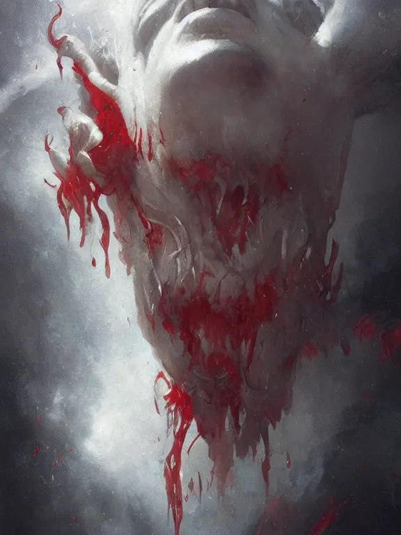 Image similar to painting by greg rutkowski a flying human head with tears running down it's face face that is chalk white in color, with long white!! tentacles!! coming out of the neck, fiery scorching red eyes, flying in a terrying hellish dark cavernous place