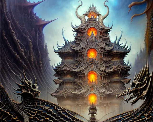 Prompt: street view of a temple made of dragon skulls and bones, fantasy landscape made of fractals facing each other, ultra realistic, wide angle, intricate details, the fifth element artifacts, highly detailed by peter mohrbacher, hajime sorayama, wayne barlowe, boris vallejo, aaron horkey, gaston bussiere, craig mullins