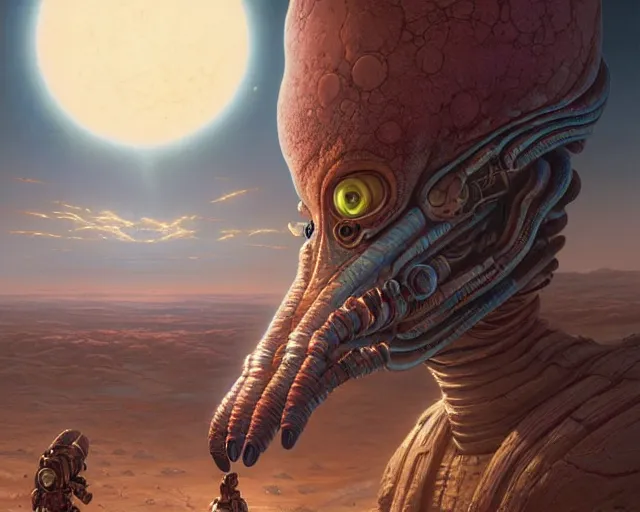 Image similar to highly detailed portrait of an alien, in mars attacks!, stephen bliss, unreal engine, fantasy art by greg rutkowski, loish, rhads, ferdinand knab, makoto shinkai and lois van baarle, ilya kuvshinov, rossdraws, tom bagshaw, global illumination, radiant light, detailed and intricate environment