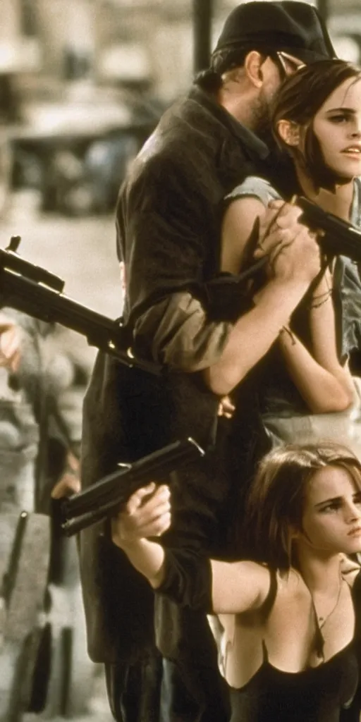 Image similar to Emma Watson and Jean Reno in Leon The Professional holding guns