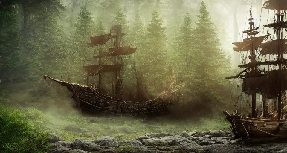 Image similar to a pirate ship in the middle of a forest, atmospheric lighting, realistic