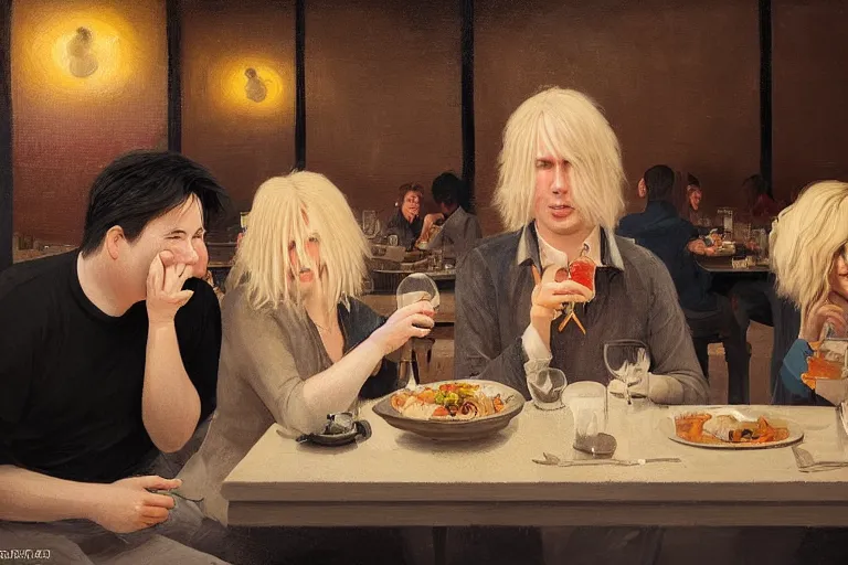 Image similar to portait of michael mcintyre and middle aged blonde woman with short hair and a blonde woman with long hair having dinner at sunday in brooklyn restaurant, greg rutkowski