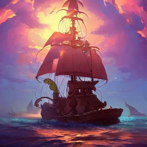 Image similar to sunny's pirate ship from one piece, cgsociety, fantasy art, 2 d game art, concept art, heavenly lighting, retrowave, behance hd, concept art by jesper ejsing, by rhads, makoto shinkai cyril rolando, madgwick