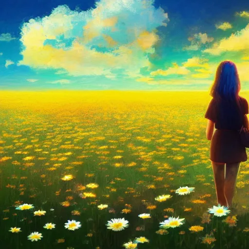 Prompt: many daisy flowers as a head, full body, girl walking in a flower field, surreal photography, sunrise dramatic light, impressionist painting, colorful clouds, digital painting, artstation, simon stalenhag, flower face