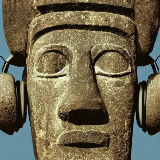 Image similar to a high detail photo of a moai wearing headphones, subject: moai, subject detail: wearing headphones