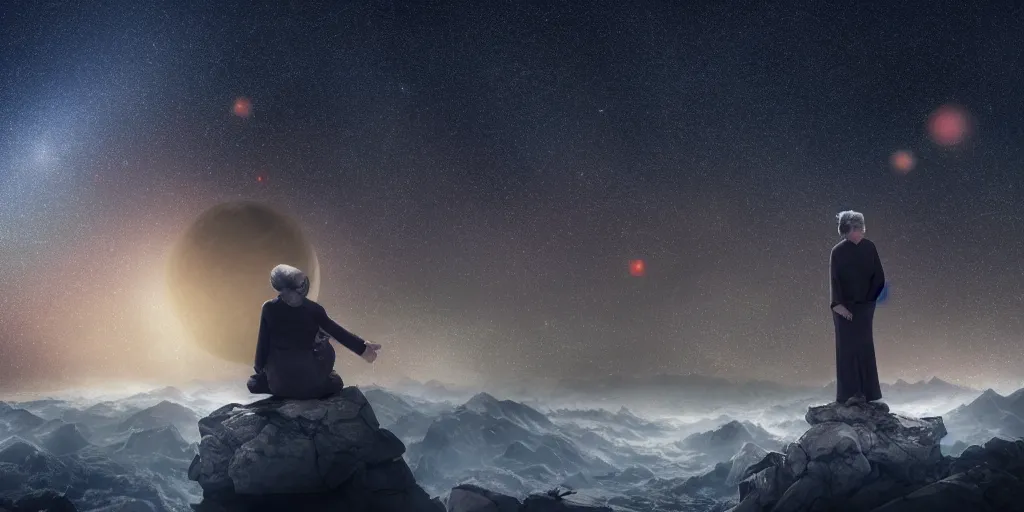 Image similar to cinematic movie, background in starry sky, background blur bokeh, old lady sitting on the top of the rader peak of the three body problem watching lots of spaceship coming, 4 k, muted colours, realistic, high details, nighttime, panorama